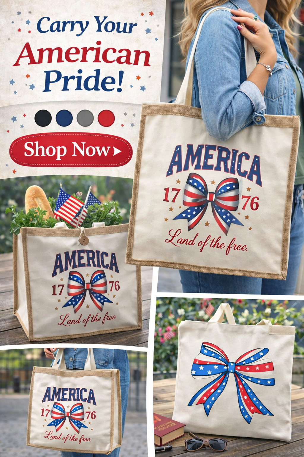 Bows and Patriotism jute Tote