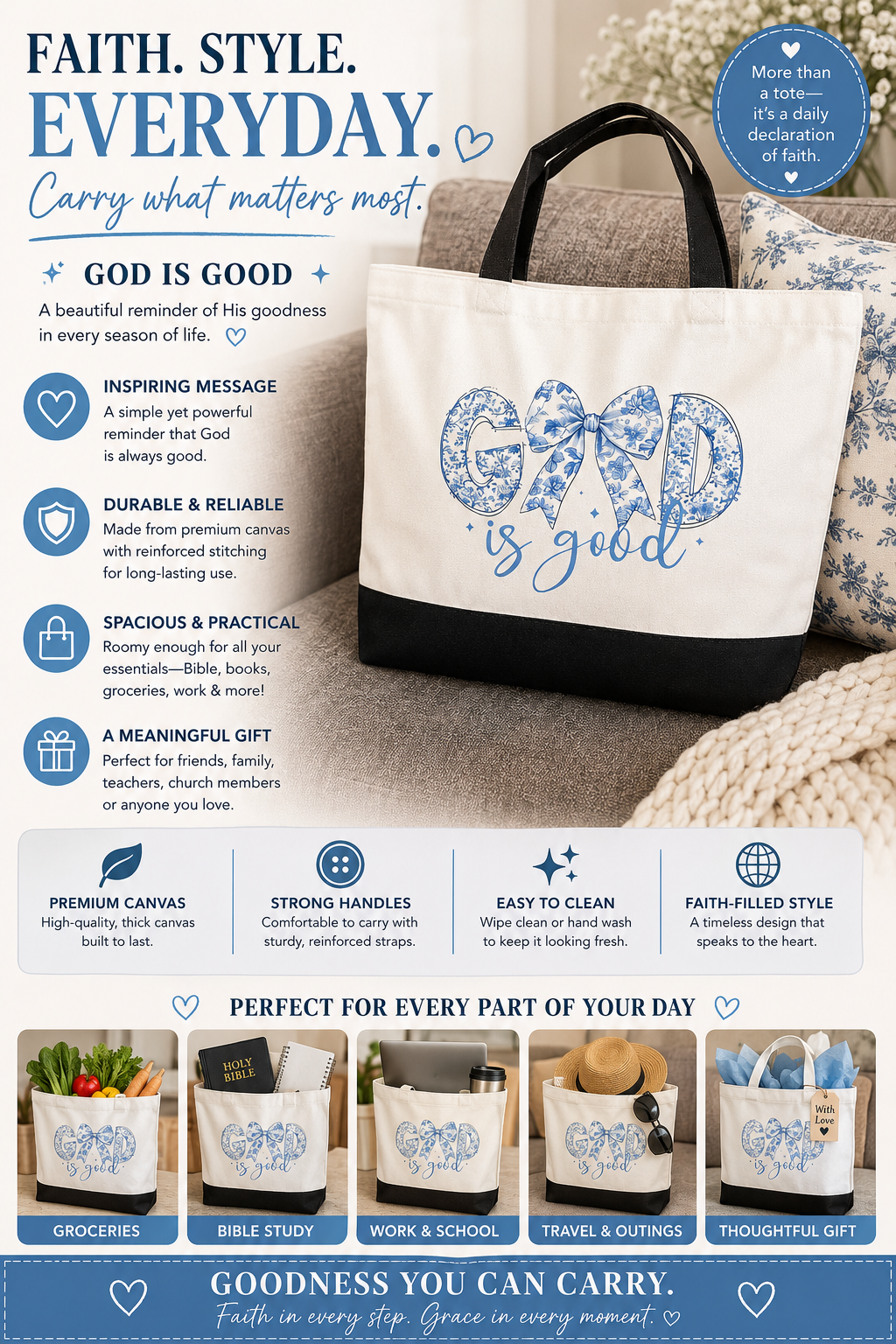 God is Good Large Black and White Canvas Tote