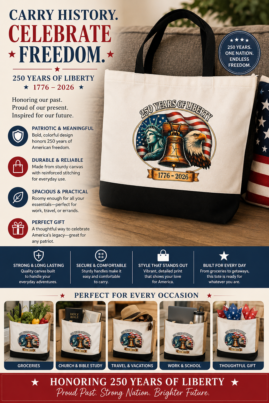 250 years of Liberty Black and White large Canvas Tote