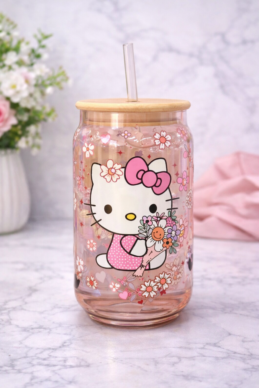 Pink Cat and Flowers Cup