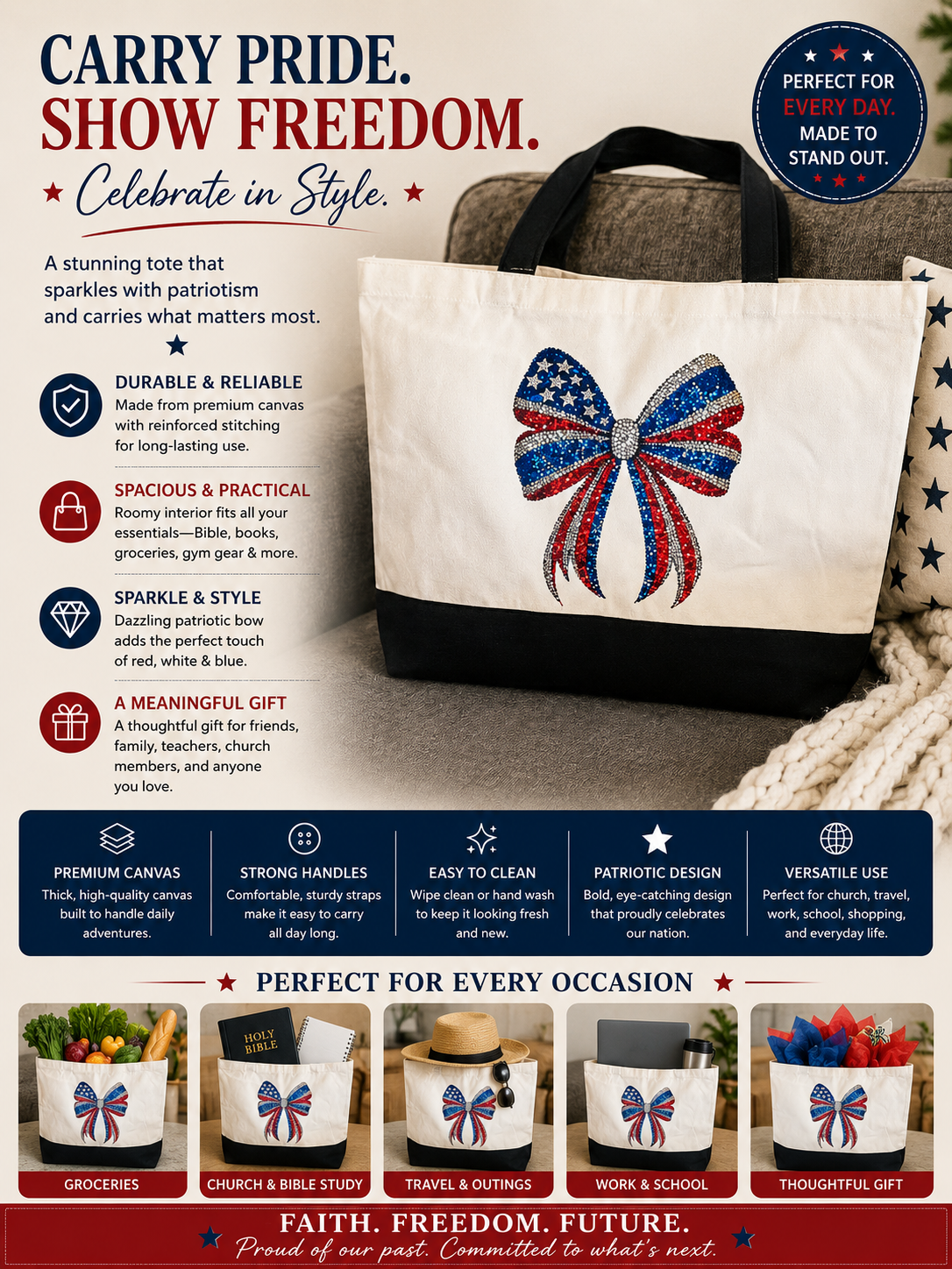 Patriotic Bow Black and White Large Canvas Totebag