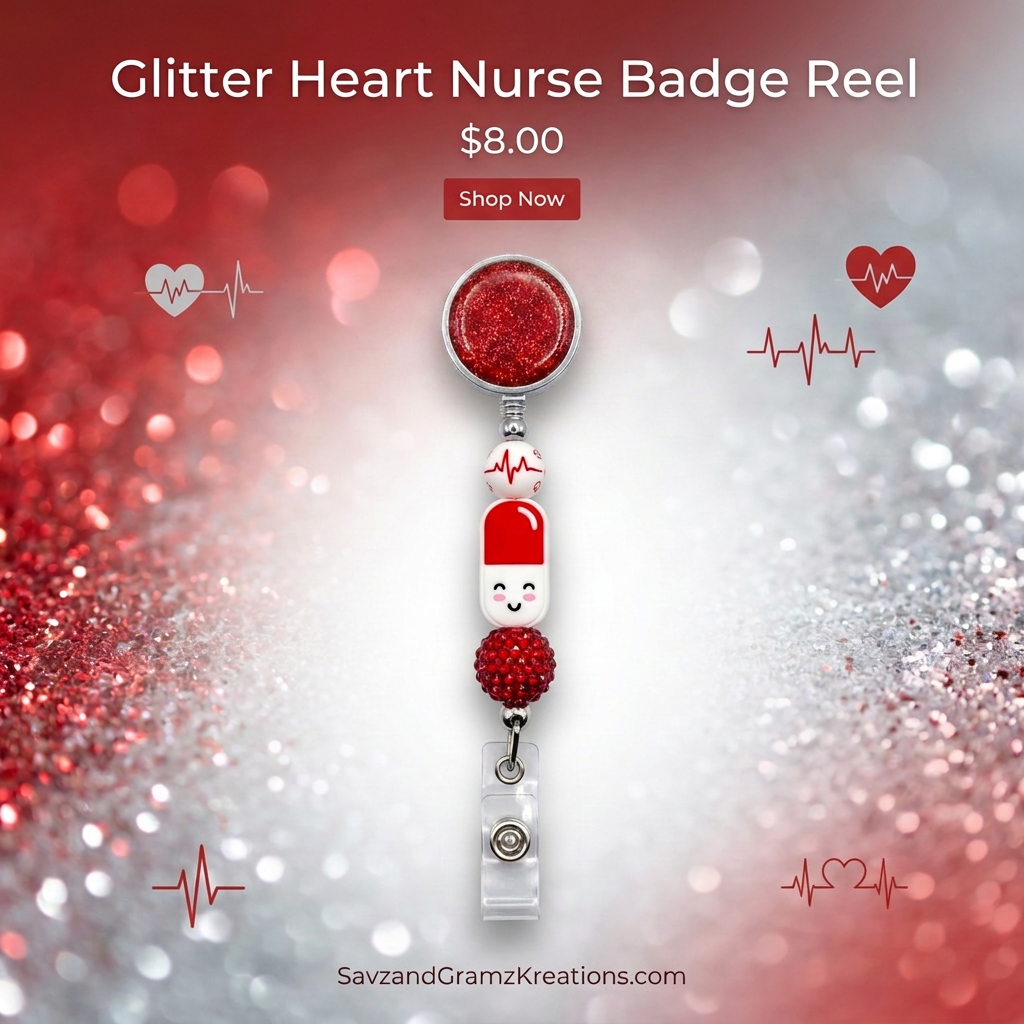 Red Sparkly Smiley Pill Badge Reel
