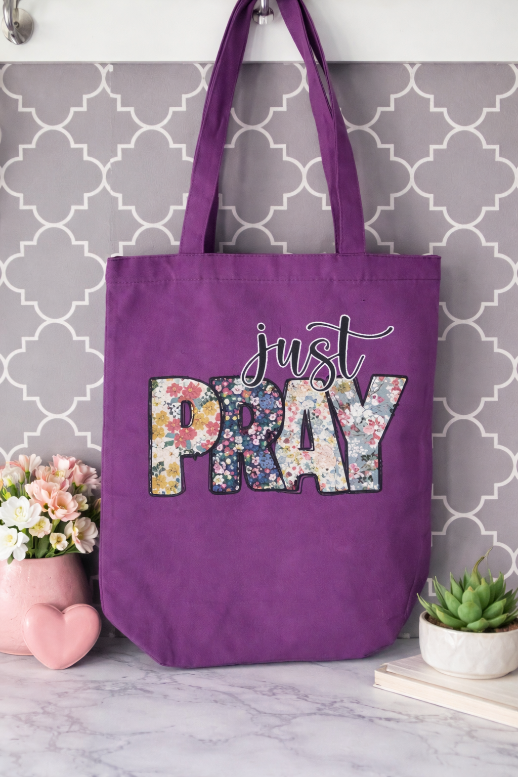 Purple zippered Pray Canvas Tote