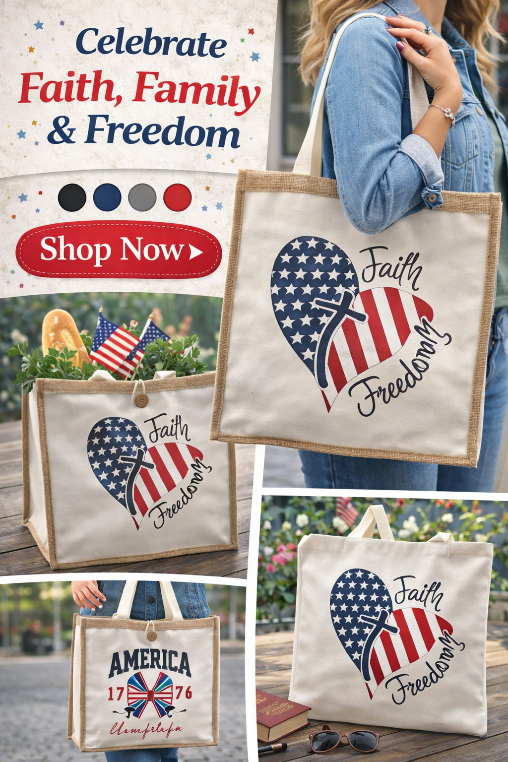 Faith Family Freedom Jute Tote