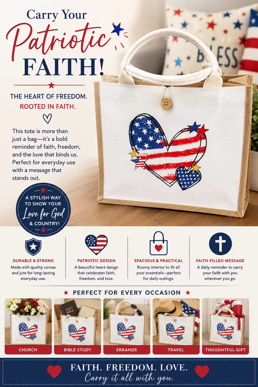 Patriotic Heart Canvas and Jute Totebag