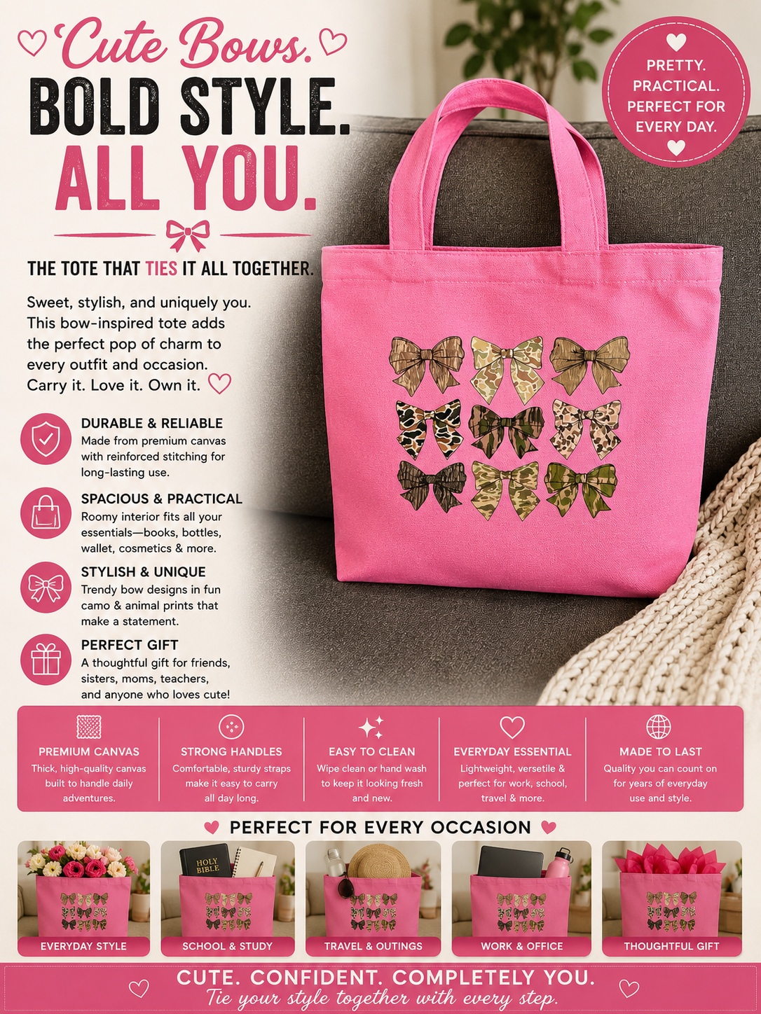Camouflage Bows Pink canvas totebag