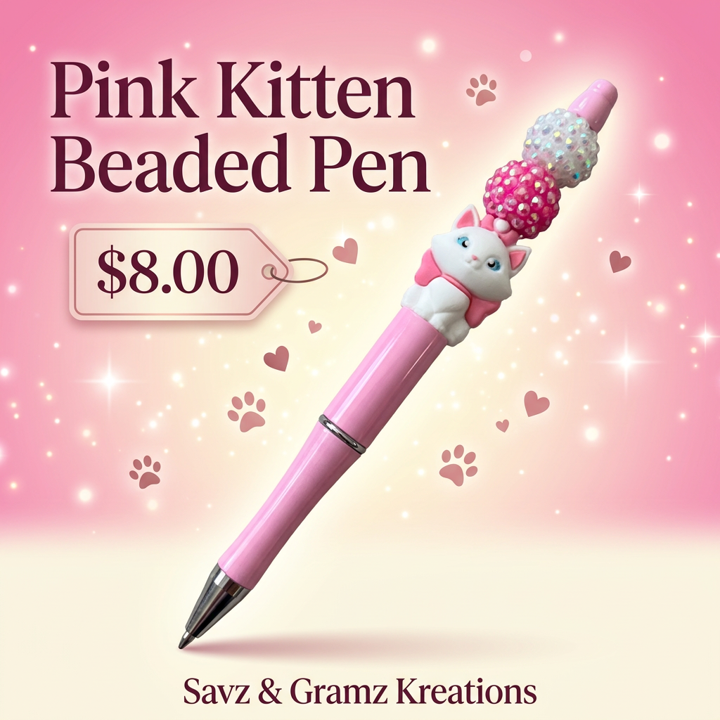 Cute Pink Kitten Beaded Pen