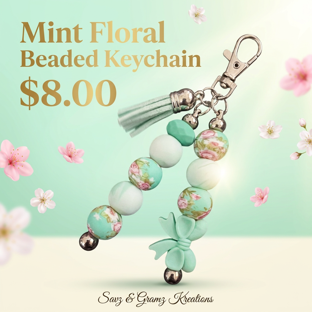 Mint and Floral Bow Keychain