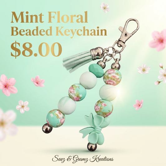 Mint and Floral Bow Keychain