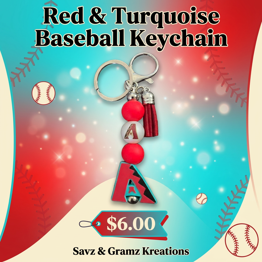Red and Turquoise Baseball Theme Keychain
