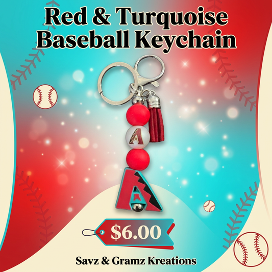 Red and Turquoise Baseball Theme Keychain