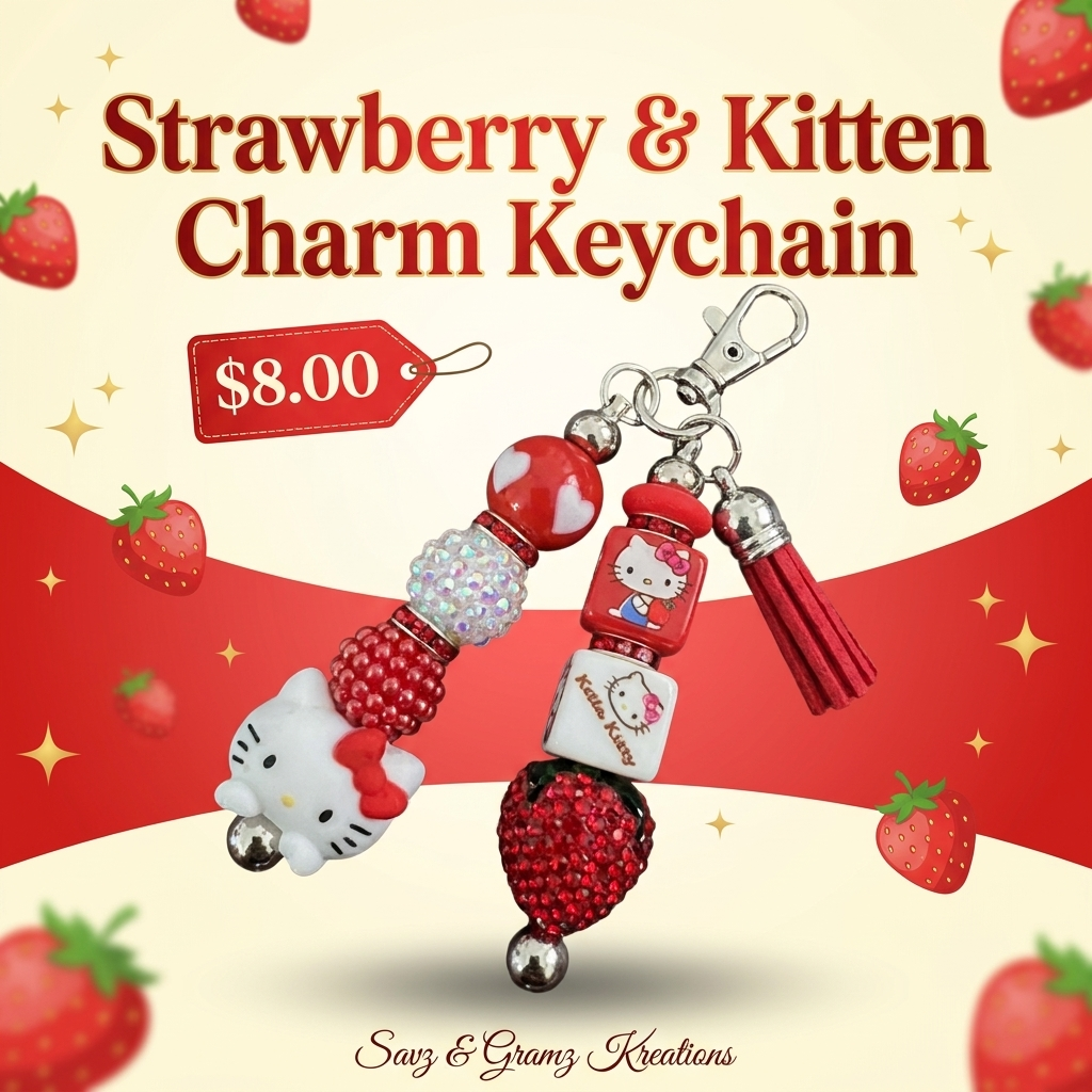Strawberry and Kitty Red Keychain