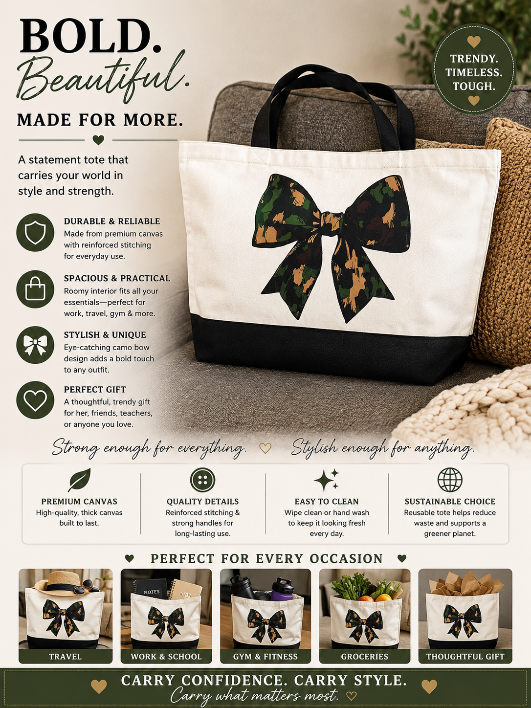 Camouflage Bow Black and White Large Canvas Tote