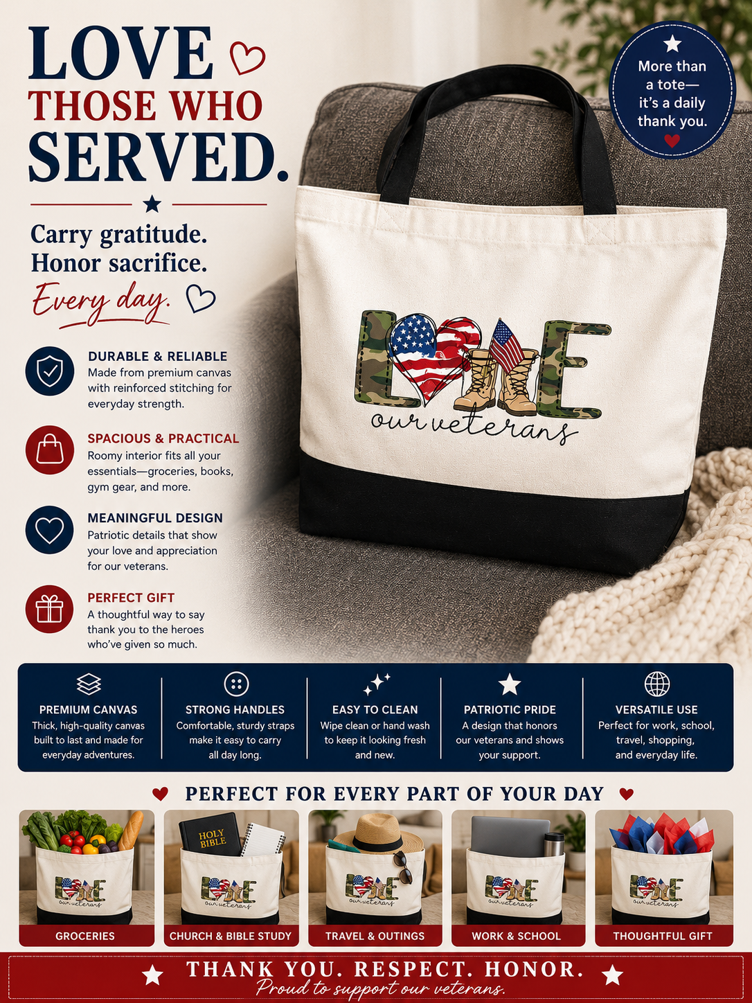 Love Our Veterans Large Black and White Totebag