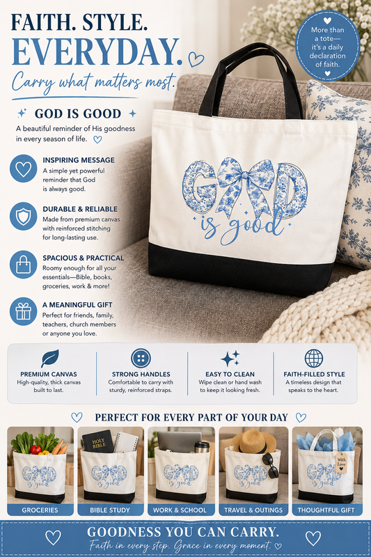 God is Good Large Black and White Canvas Tote