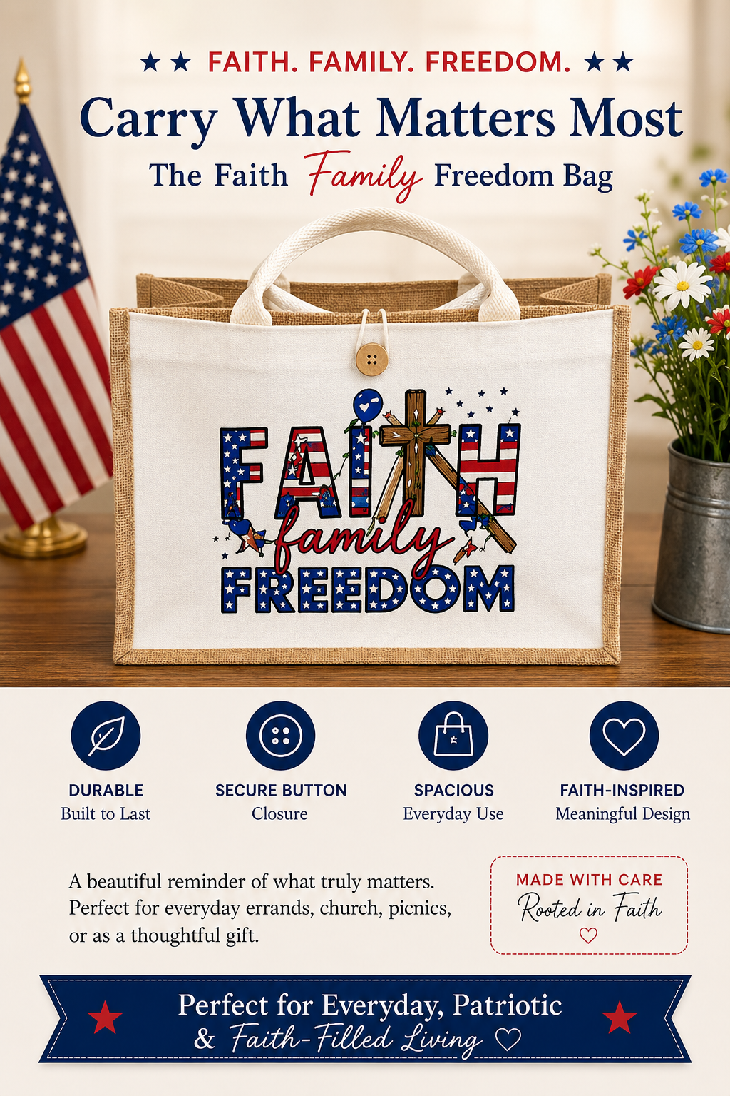 Faith Family Freedom Canvas and jute Tote