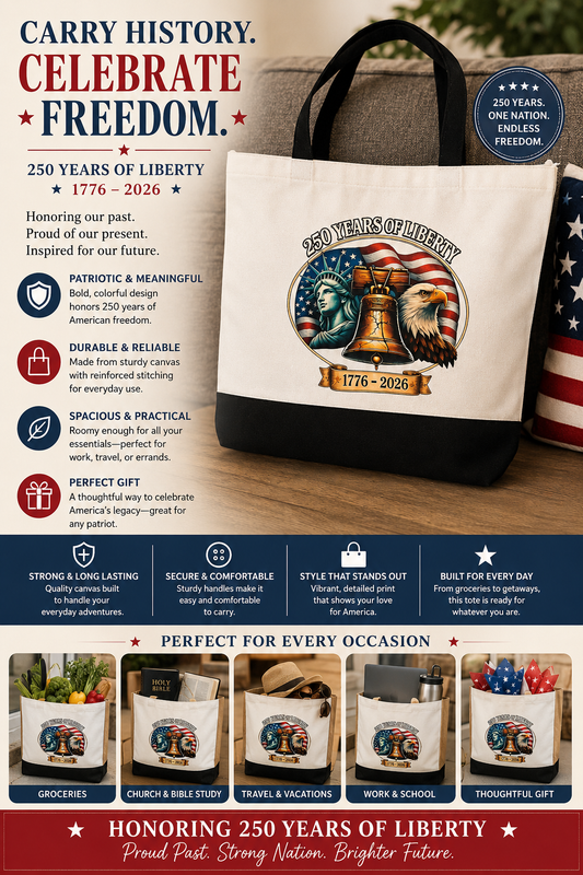 250 years of Liberty Black and White large Canvas Tote