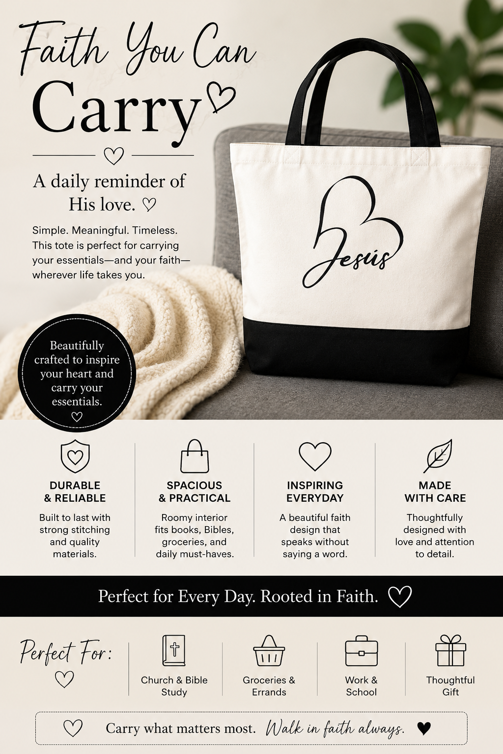 Jesus Heart Black and White large Canvas Tote