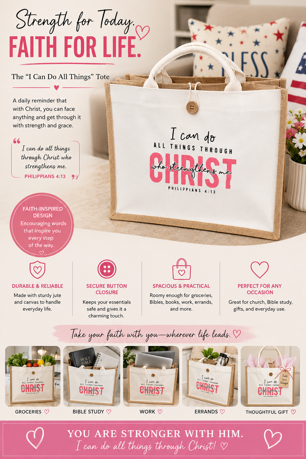 I can do all things Canvas and jute Totebag