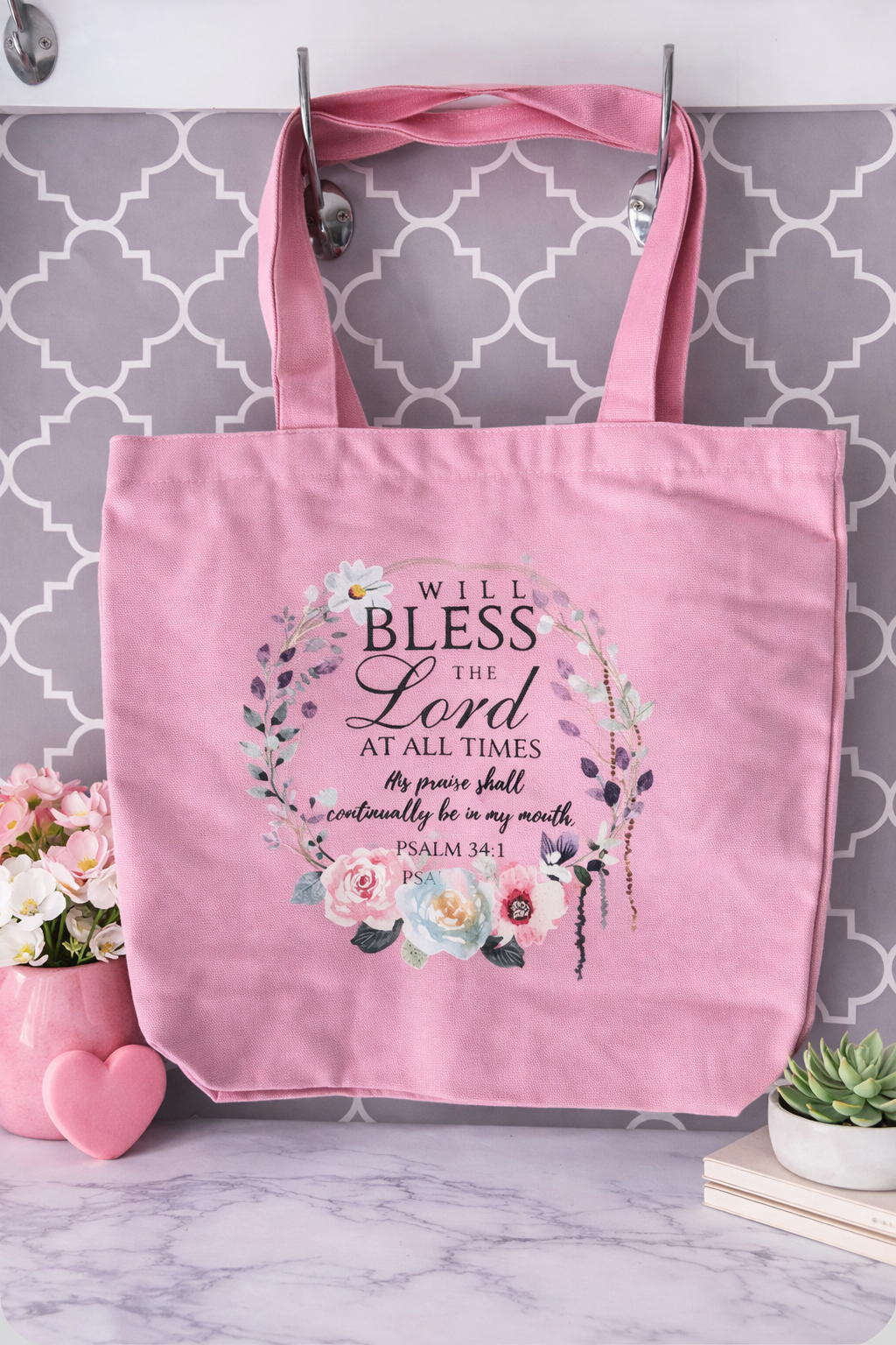 Pink Zippered Canvas Tote Psalm 34:1