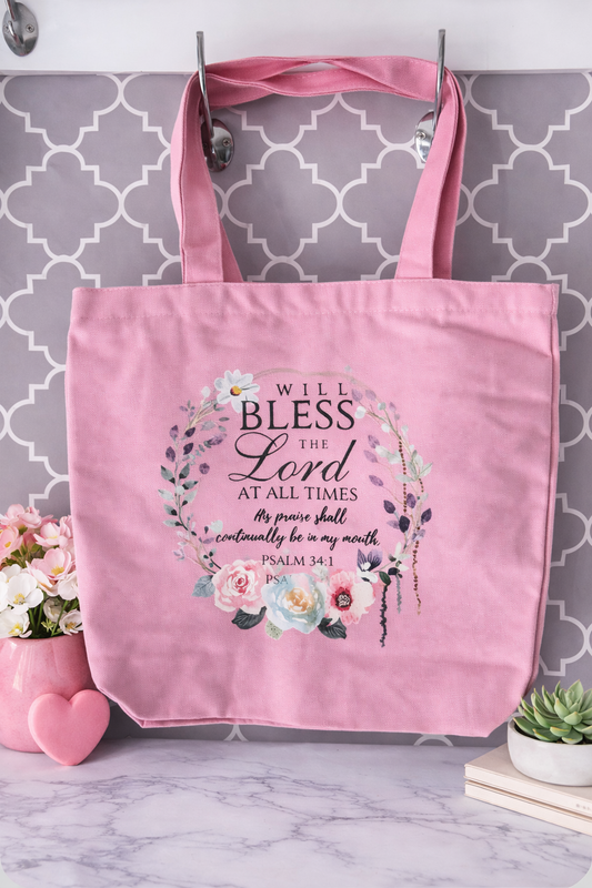 Pink Zippered Canvas Tote Psalm 34:1