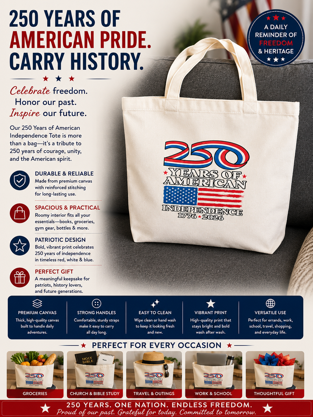 Celebrate America’s 250 Canvas totebag