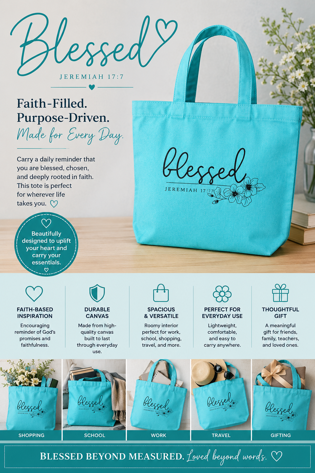 Blue Blessed Canvas Tote