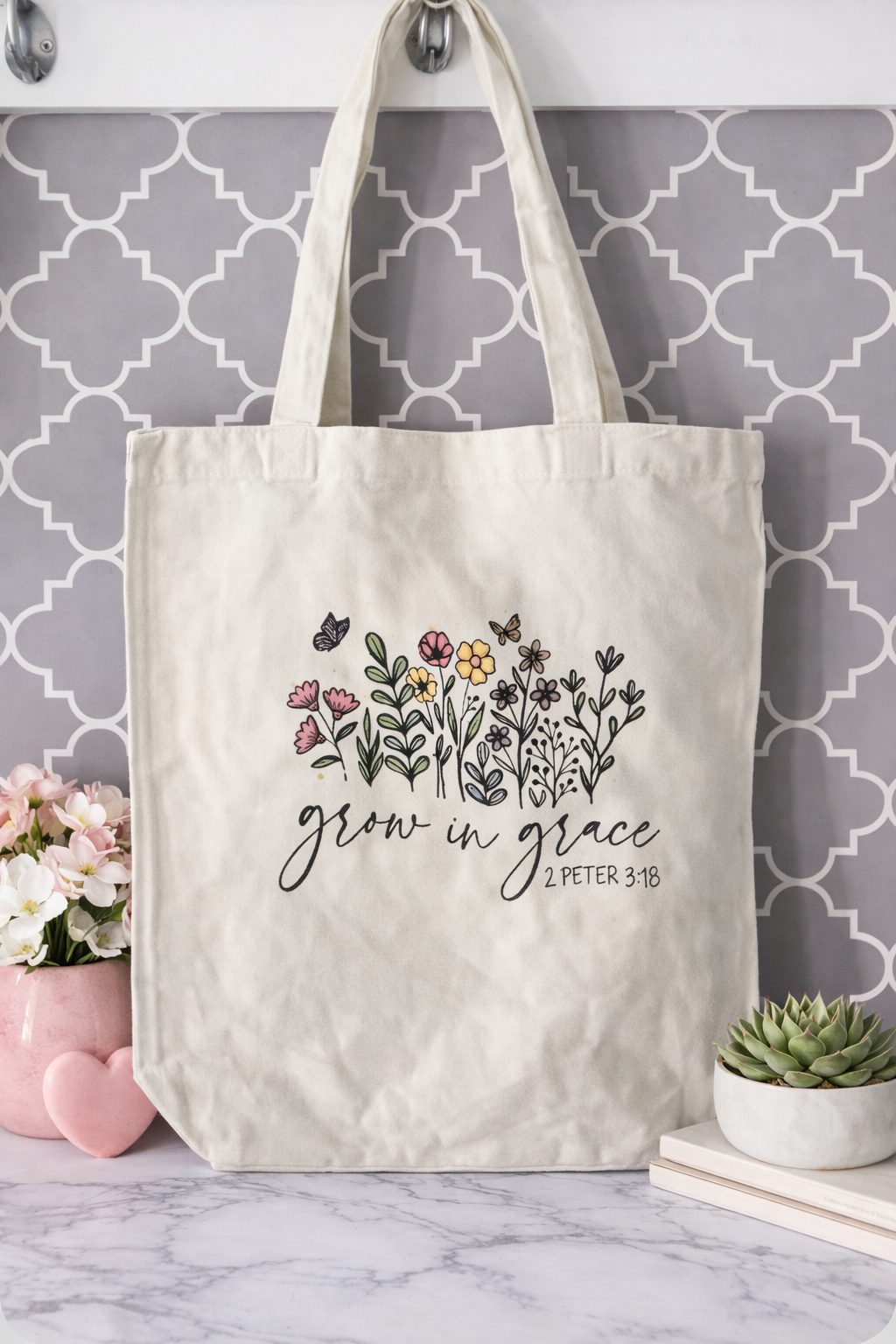 Grow in Grace Colored Flowers Canvas Tote
