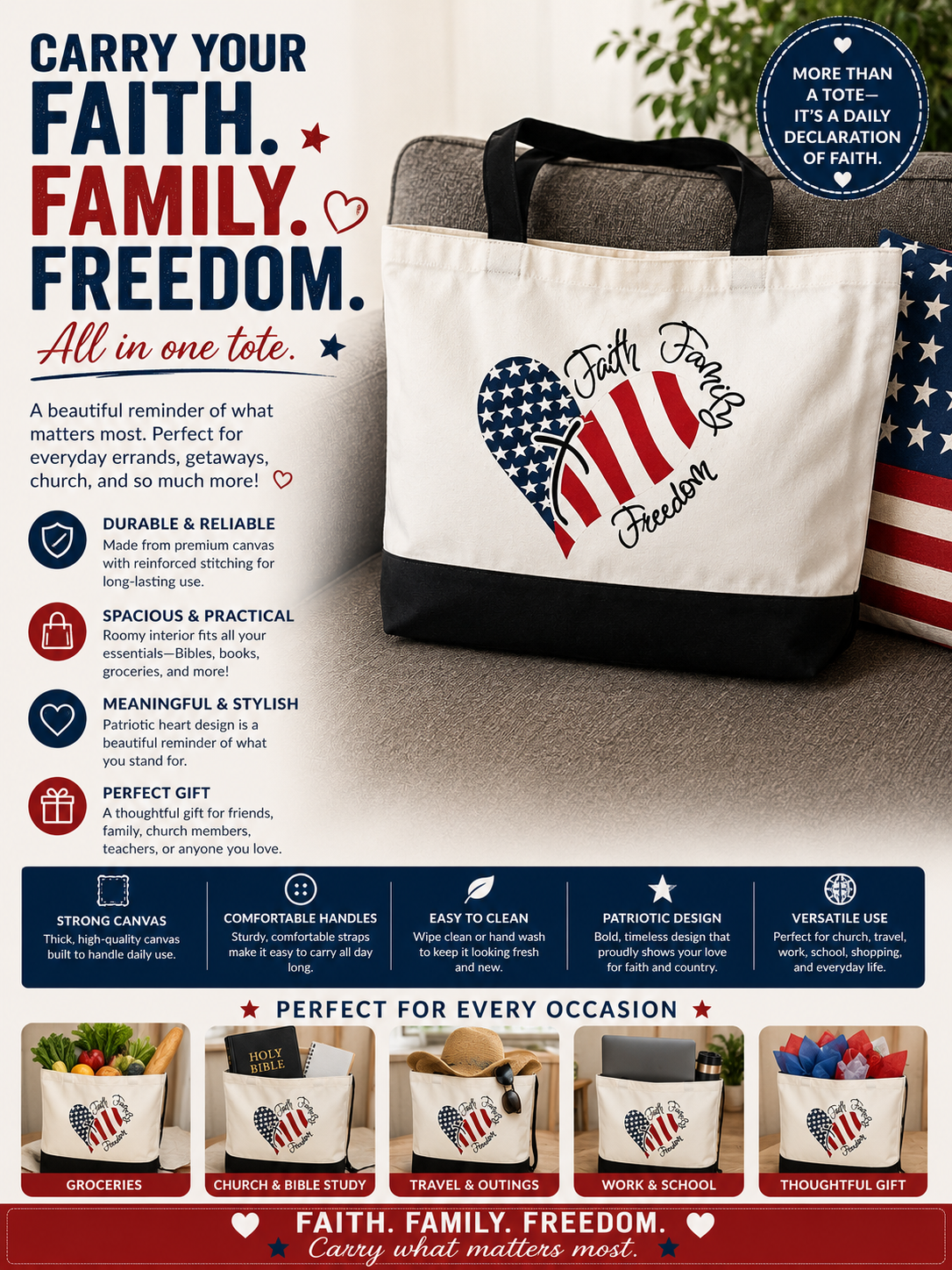 Faith Family Freedom Large Black and White Canvas Totebag
