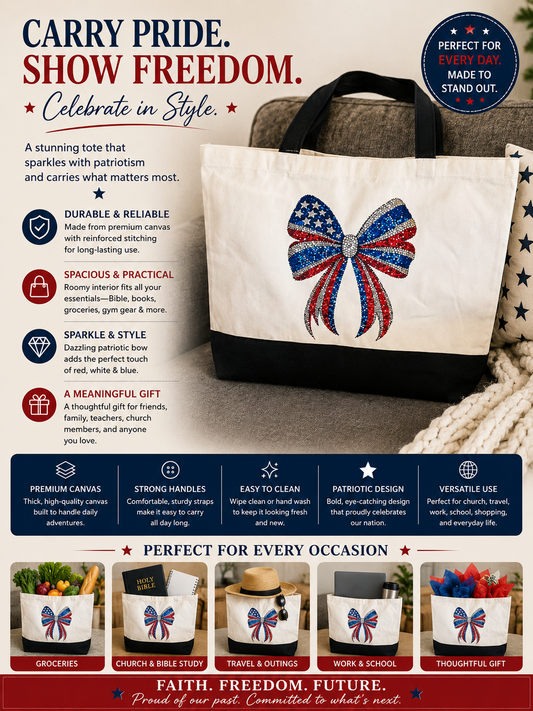 Patriotic Bow Black and White Large Canvas Totebag