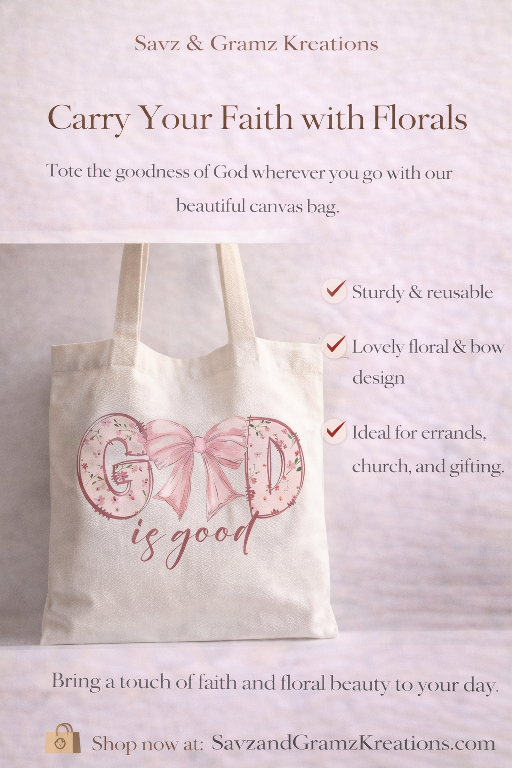 Pink God is Good Bow Canvas Tote