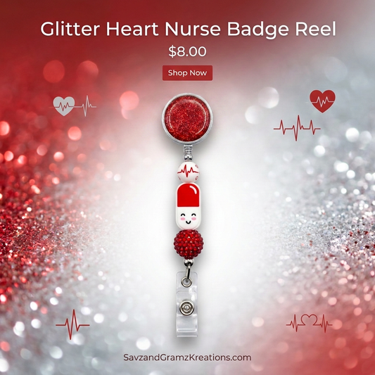 Red Sparkly Smiley Pill Badge Reel