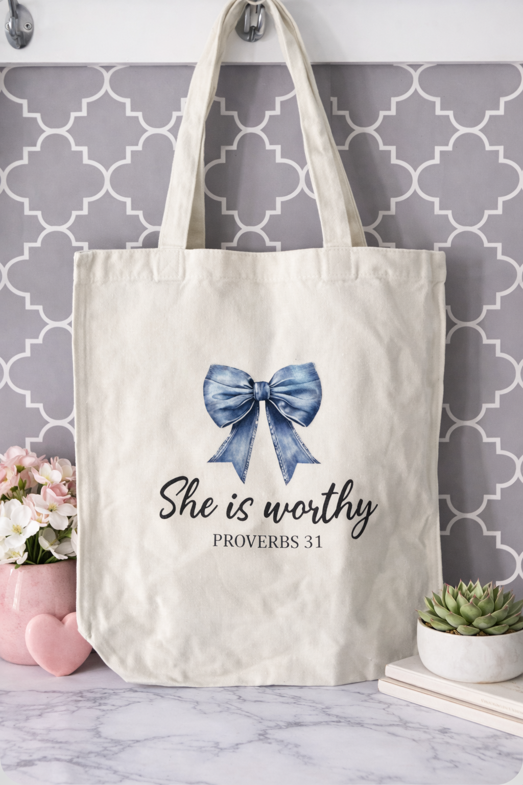 She is Worthy Denim Bow Canvas Tote