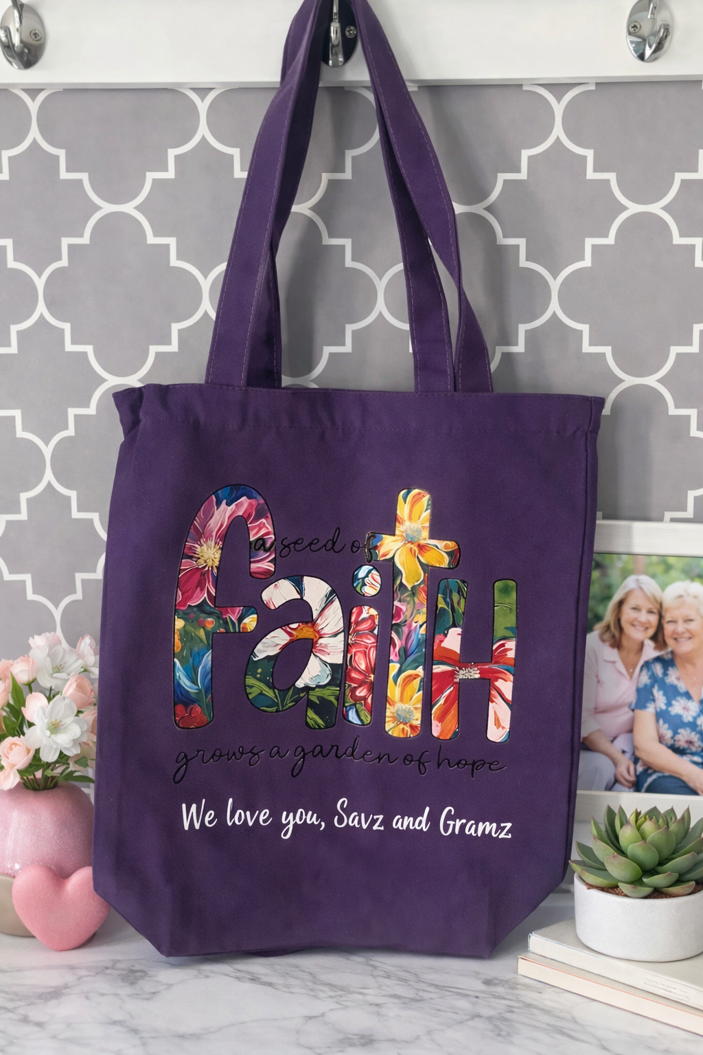Zippered Purple Faith Canvas Tote